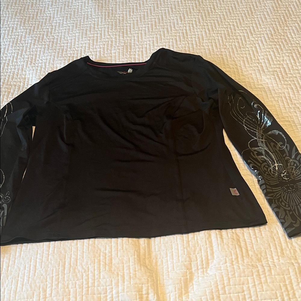 Smitten Black Top with Floral Sleeve Accents, Size M
